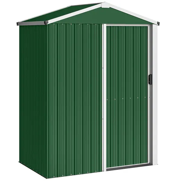 Outsunny Căsuță de Grădină 1.1m² din Oțel Galvanizat, Căsuță de Depozitare cu Ușă Glisantă Blocabilă, Acoperiș Înclinat, Mănuși, Căsuță de Unelte, 136x87x179 cm, Verde | Aosom Romania