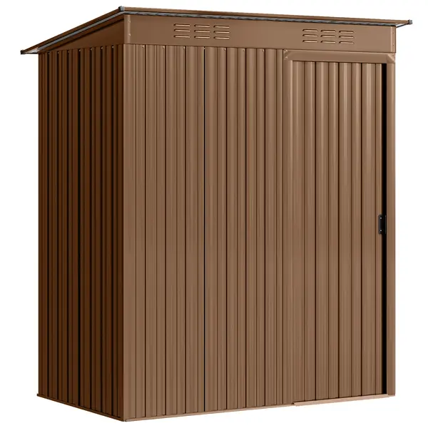 Outsunny Căsuță de Grădină 1.37m² din Metal, Montaj Ușor, Căsuță pentru Unelte de Grădină cu Orificii de Aerisire, Ușă Glisantă, Acoperiș Înclinat și Mănuși, 159x106x181 cm, Maro | Aosom Romania