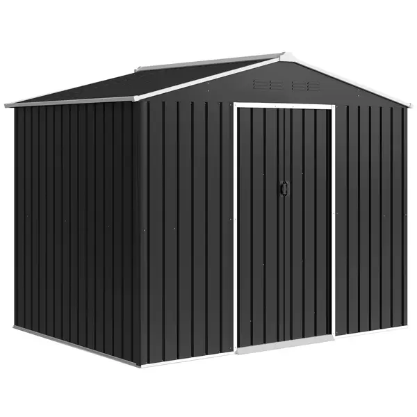 Outsunny Căsuță de Grădină 3.6m² din Oțel Zincat cu Grile de Ventilație, Căsuță de Grădină cu Uși Glisante Duble Blocabile, Acoperiș Înclinat, Căsuță pentru Unelte cu Mănuși, Gri Închis | Aosom Romania