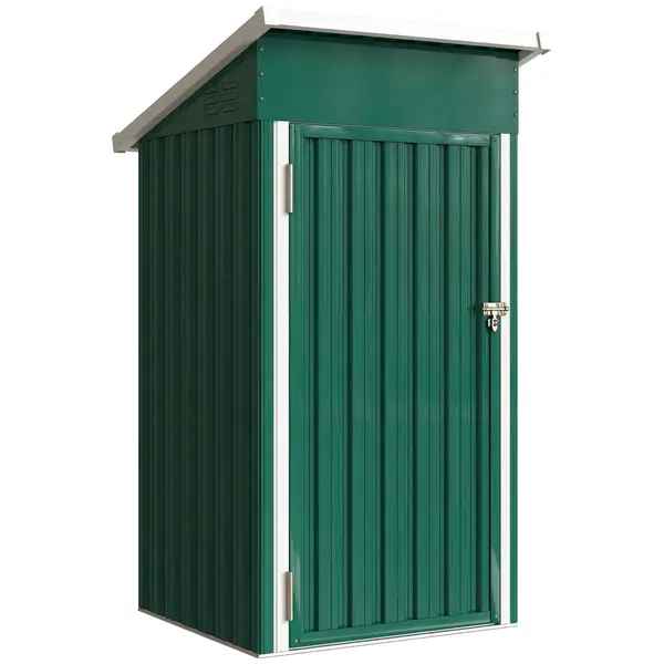 Outsunny Căsuță de Grădină Exterior Metalică 0,74 m² 107,5x91x185 cm cu Acoperiș Înclinat Ușă cu Închidere Ventilații Verde | Aosom Romania