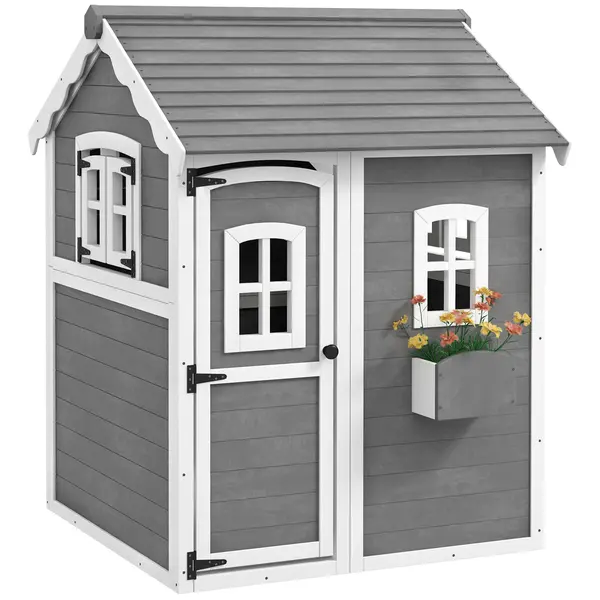 Outsunny Căsuță de joacă pentru copii, casă pentru interior și exterior cu ușă, ferestre și lădiță pentru flori, lemn de brad, gri | Aosom Romania