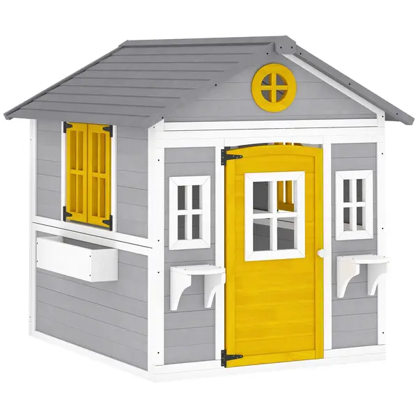 Outsunny Căsuță din Lemn pentru Copii 3-8 Ani, Căsuță de Grădină cu Ferestre, Acoperiș Înclinat, Ghivece și Jardiniere, Gri, Galben, Alb | Aosom Romania