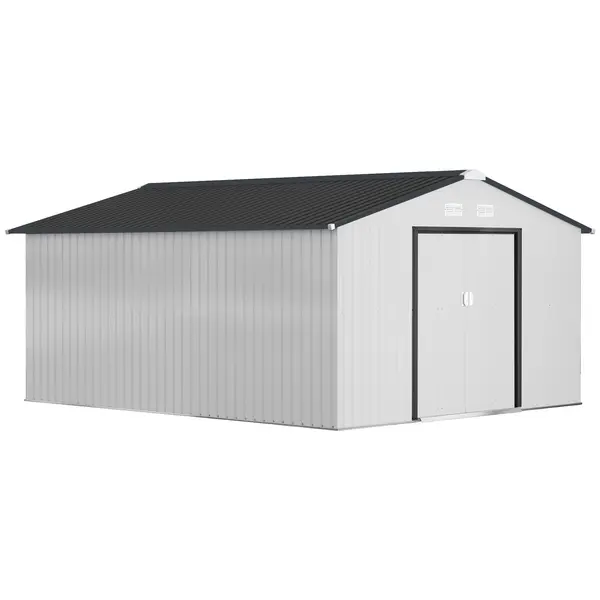 Outsunny Cobertizo de Jardín Exterior 12,4 m² 340x386x200 cm con Puerta Corredera Techo Inclinado y 4 Ventanas Blanco | Aosom Romania