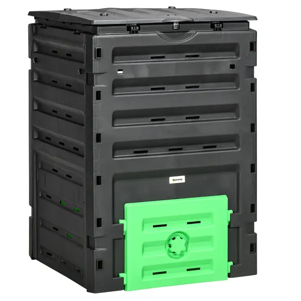Outsunny Compostor de grădină 450 L, recipient pentru compost, 80 de aerisiri și 2 uși glisante, 69 x 71 x 103 cm, negru | Aosom Romania