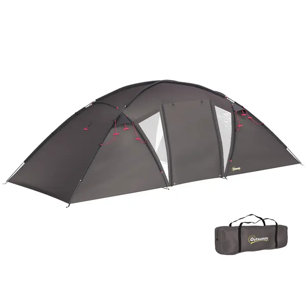 Outsunny Cort de camping familial pentru 4-6 persoane, cort tunel impermeabil 3000 mm cu 2 uși, sac de transport, negru | Aosom Romania