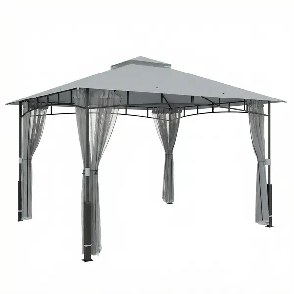 Outsunny Cort pentru Grădină cu Acoperiș Dublu Foișor cu Pereți din Plasă UPF50+ pentru Exterior Terasă 360x300x275 cm Gri | Aosom Romania