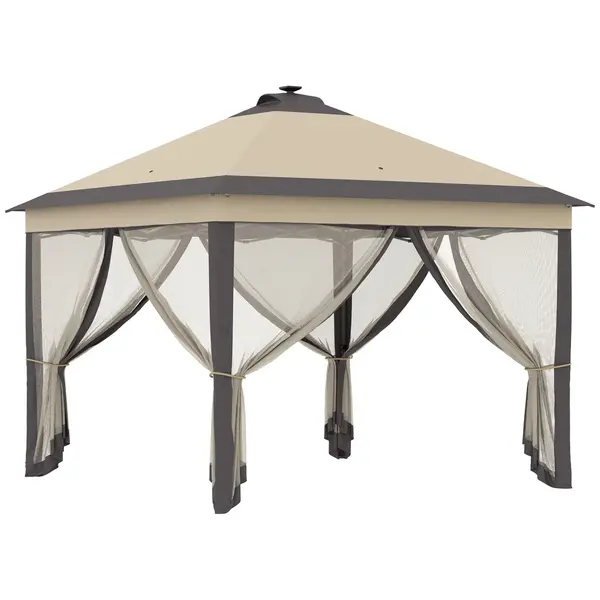 Outsunny Cort pliabil cu lumini LED 330x330 cm Pavilion de grădină cu telecomandă cu 4 plase anti-țânțari Înălțime reglabilă Bej | Aosom Romania
