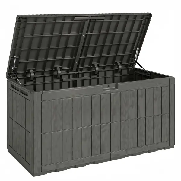 Outsunny Cufăr Exterior Capacitate 440 L din Rășină Rezistentă la Apă și Razele UV cu Capac Blocabil Bare cu Gaz Cafeniu | Aosom Romania