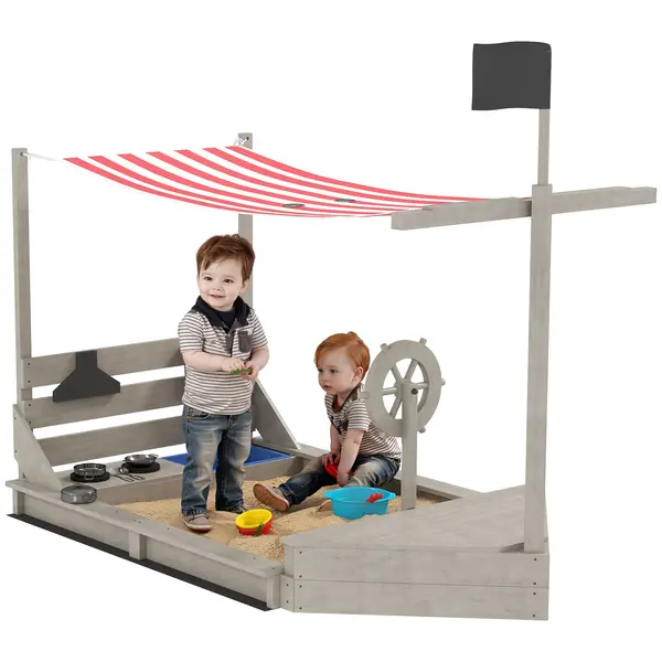 Outsunny Cutie de nisip cu parasolar Vapor pirat, inclusiv set de joc de bucătărie pentru copii, Lemn masiv, 180 x 103 x 144,5 cm, Gri | Aosom Romania