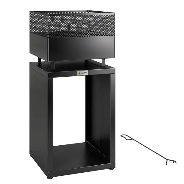 Outsunny Cuva pentru foc 39 x 39 x 87 cm șemineu cu depozit pentru lemne grilaj pentru cărbune picioare reglabile, Schwarz | Aosom Romania