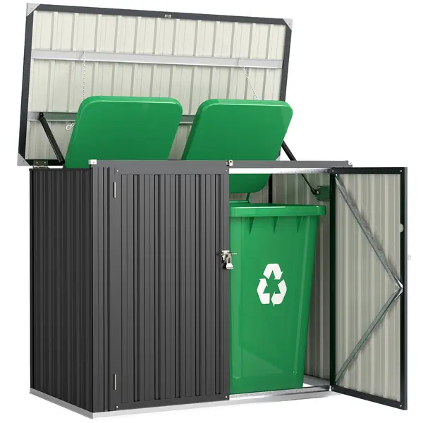 Outsunny Depozit Exterior pentru Gunoi 1.1m² din Oțel Zincat cu 2 Uși Blocabile, Container pentru Pubele cu Acoperiș Rabatabil, Depozit Grădină pentru 2 Pubele și Unelte, Gri Închis | Aosom Romania