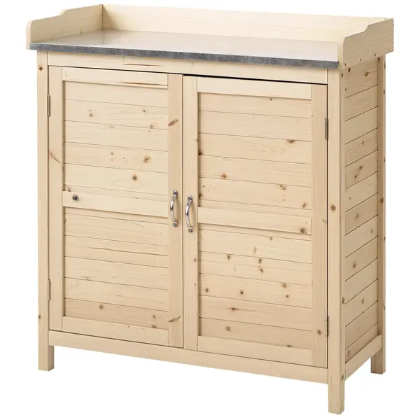 Outsunny Dulap de grădină cu 2 rafturi, suprafață de lucru din metal cu margine ridicată, lemn natural, 83 x 40 x 92 cm | Aosom Romania