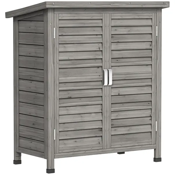 Outsunny Dulap de Grădină din Lemn de Brad cu Uși cu Obloane și 2 Polițe, 87x46,5x96,5cm, Gri | Aosom Romania