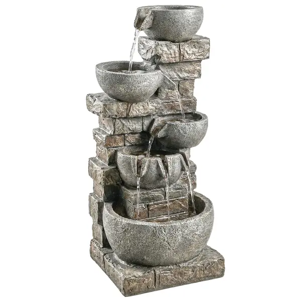 Outsunny Fântână de exterior din rășină, 5 niveluri, fântână de grădină cu iluminare LED, pompă, aspect piatră 34 x 36 x 80 cm | Aosom Romania