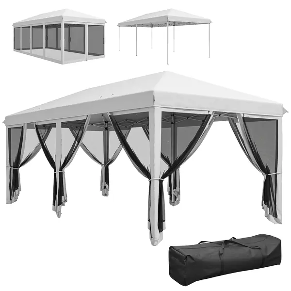 Outsunny Foisor Pliabil cu 6 Perdele Plasa de Tantari, Foisor de Gradina cu Structura din Otel, 585x295x270cm, Alb Crem | AOSOM RO