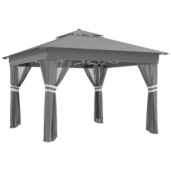 Outsunny Foisor tip pop-up 3 x 3(m),20 lumini LED alimentate de la soare,geanta cu roti, 4 saci de greutate, inaltime reglabila, Gri | Aosom Romania