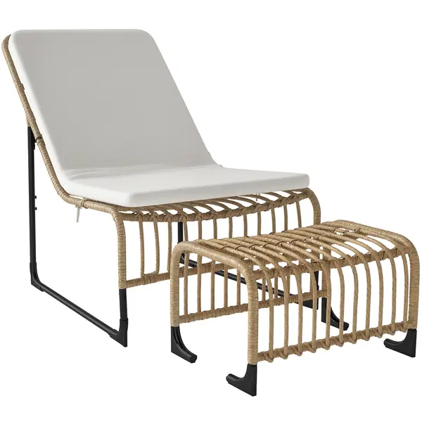 Outsunny Fotoliu de relaxare din ratan cu Fußhocker rezistent la UV, fotoliu de grădină cu perne Bänder 65 x 93 x 80 cm, lemn natural | Aosom Romania