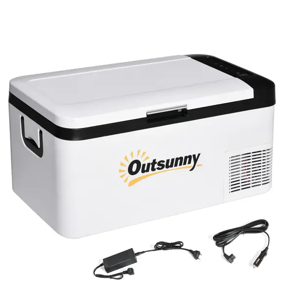 Outsunny Frigider Portabil Electric 18L 12/24V până la -20℃ Frigider și Congelator de Compresor pentru Mașină cu Lumină LED și Mânere Pliabile Consum Redus de Energie pentru Acasă Camping 58,5x33,5x29,2 cm Alb | Aosom Romania