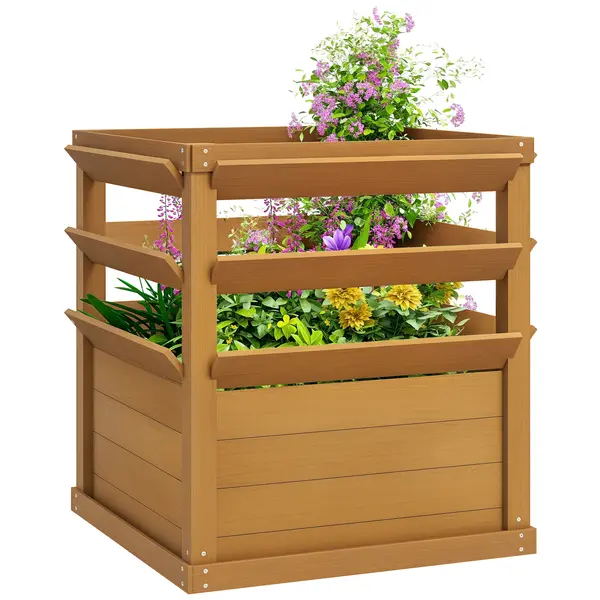 Outsunny Ghiveci cu treillis, pat înalt de grădină fund deschis, ghiveci de flori din lemn 65 x 65 x 73 cm, maro deschis | Aosom Romania