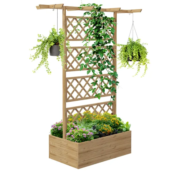 Outsunny Ghiveci din Lemn cu Spalier, Inaltat, Protectie Privata pentru Cultivarea Legumelor, Ton Natural | Aosom Romania