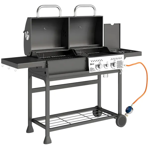 Outsunny Grill Gaz-Cărbune, 3 Arzătoare 7kW, Negru | Aosom Romania