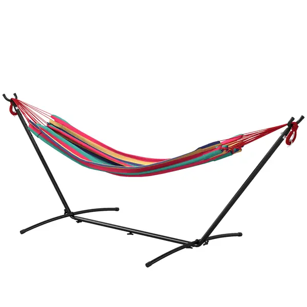 Outsunny Hamac cu Suport 310x117 cm pentru Camping cu Înălțime Reglabilă și Geantă de Transport, Capacitate 120 kg, Dungi Portocalii și Roșii | Aosom Romania