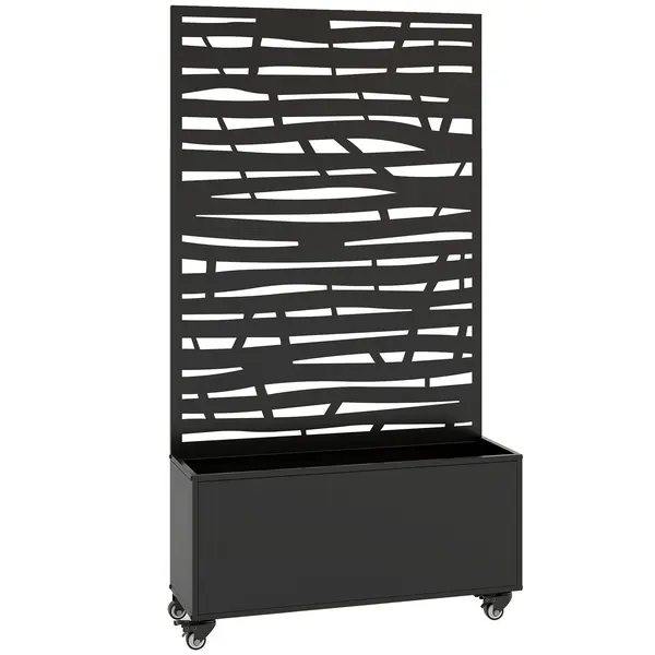 Outsunny Jardinieră cu spalier, cuvă din metal pentru flori cu panou pentru intimitate și roți, spalier decupat în lamele, 90x30x160cm, negru | Aosom Romania