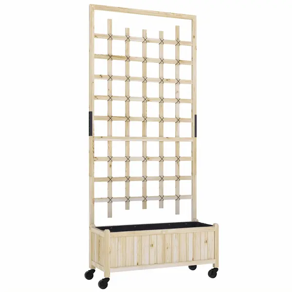 Outsunny Jardinieră cu spalier, ghiveci pe roți, pentru plante agățătoare, lemn masiv, 82,5x35x186cm, lemn natural | Aosom Romania