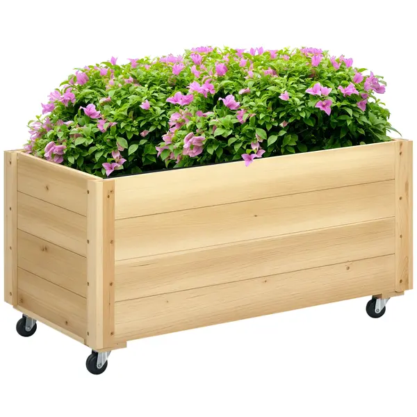 Outsunny Jardinieră de Gradină cu Orificiu de Drenaj și Căptușeală, Jardinieră din Lemn de Brad cu Roți, 89x48x47 cm, Lemn Natural | Aosom Romania