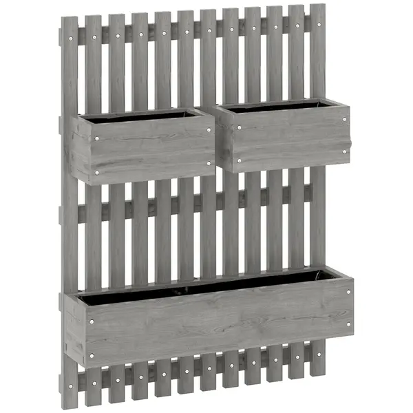 Outsunny Jardinieră murală tip grădină cu 3 bazine din lemn masiv detașabile, țesătură nețesută, 60 x 16 x 80 cm gri | Aosom Romania
