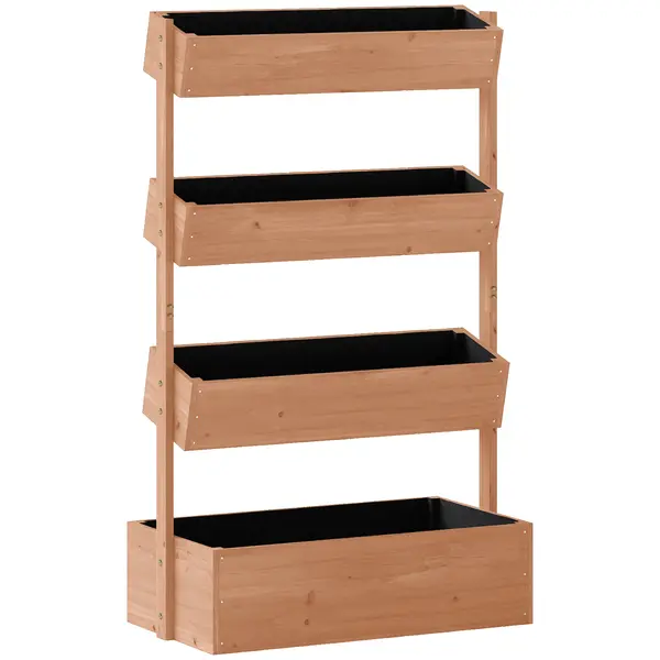 Outsunny Jardinieră Verticală înălțată pe 4 Niveluri, din Lemn pentru Exterior, cu Orificii de Drenaj și Căptușeală Textilă, pentru Plante Aromatice, Flori și Legume, 85x45x140 cm, Maro | Aosom Romania