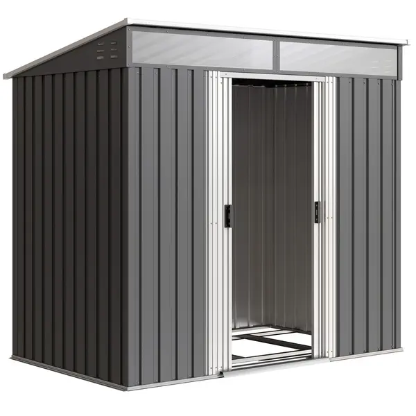 Outsunny Magazie 6,5 x 4 FT din metal galvanizat cu fundatie pentru gradina, Depozit cu incuietoare pentru unelte, Gri