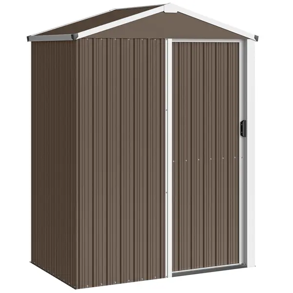 Outsunny Magazie de Grădină 1.1m² din Oțel Galvanizat, Capannă de Grădină cu Ușă Glisantă Blocabilă, Acoperiș Înclinat, Mănuși, Magazie pentru Unelte, 136x87x179 cm, Maro | Aosom Romania