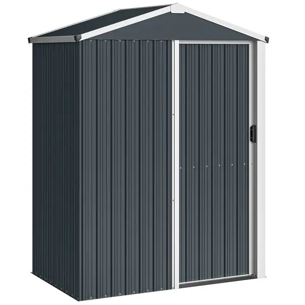 Outsunny Magazie de Grădină 1,1m² din Oțel Galvanizat, Magazie de Grădină cu Ușă Glisantă Blocabilă, Acoperiș Înclinat, Mănuși, Magazie pentru Unelte, 136x87x179 cm, Gri Închis | Aosom Romania