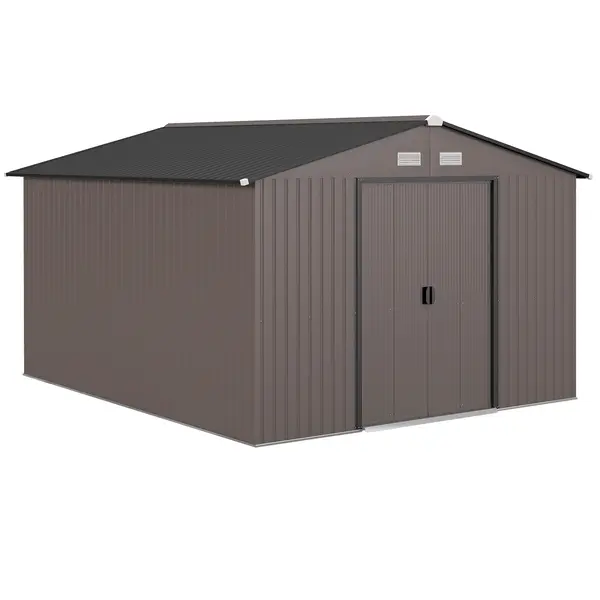 Outsunny Magazie de Grădină 8.3m² din Oțel Zincat, Uși Duble Glisante, 277x322x192 cm, Maro | Aosom Romania