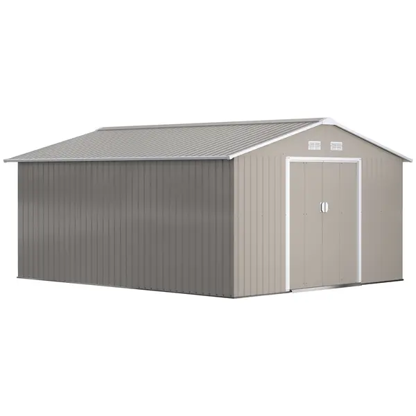Outsunny Magazie de Gradina cu Usi Duble Glisante si Acoperis Inclinat, Sopron de Gradina din Otel si PP, 3.4x4x2m, Gri | Aosom Romania