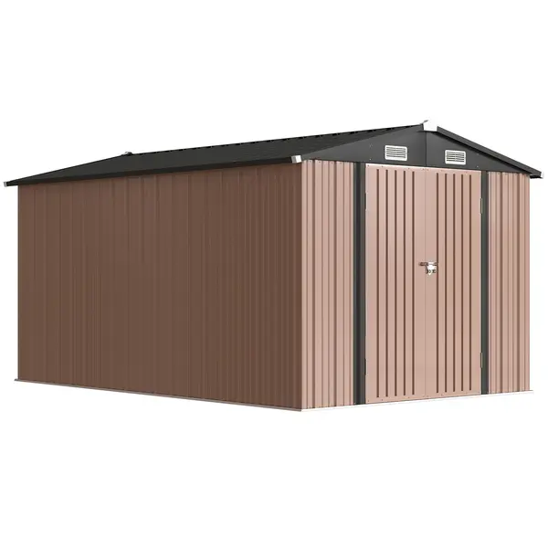Outsunny Magazie de Grădină din Metal 364 x 238 cm cu 4 Grile de Ventilație și Uși Duble cu Încuietoare, Maro | Aosom Romania