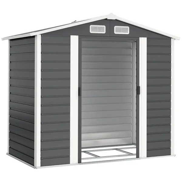 Outsunny Magazie de Grădină din Tablă de Oțel cu 4 Orificii de Ventilație și 2 Uși Glisante, 213x120x194 cm, Gri Închis | Aosom Romania