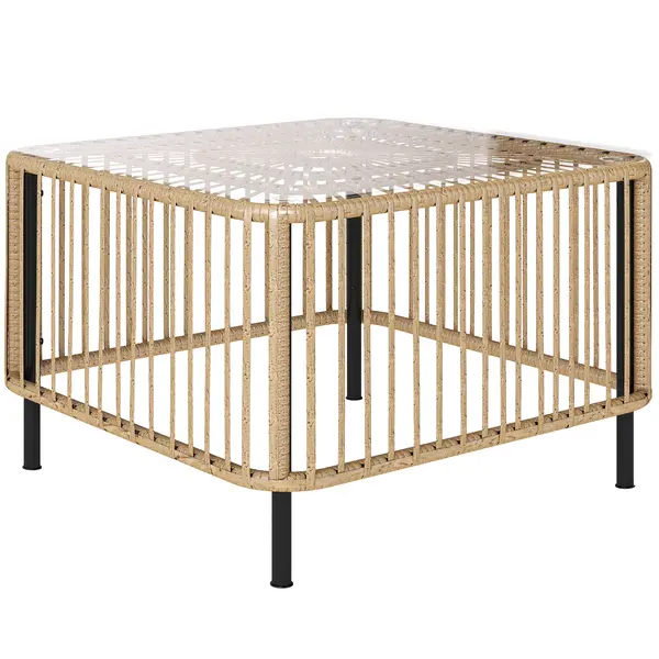 Outsunny Masă de grădină din Polyrattan, 65 x 65 x 43 cm, masă laterală rezistentă la intemperii, pătrată, cu blat din sticlă, lemn natural | Aosom Romania