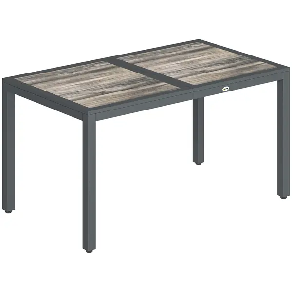 Outsunny Masă de grădină pentru 4–6 persoane, masă de exterior cu blat cu efect de lemn, 140 x 80 x 72 cm, gri închis | Aosom Romania