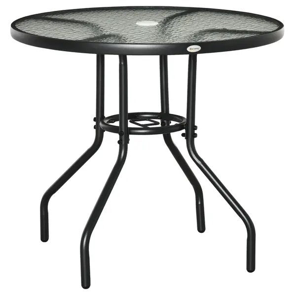 Outsunny Masă de Grădină Rotundă 80 cm cu Orificiu pentru Umbrelă, Masă de Cafea pentru Exterior cu Blat din Sticlă Temperată, Cadru Metalic, pentru Terasă, Balcon, Negru | Aosom Romania