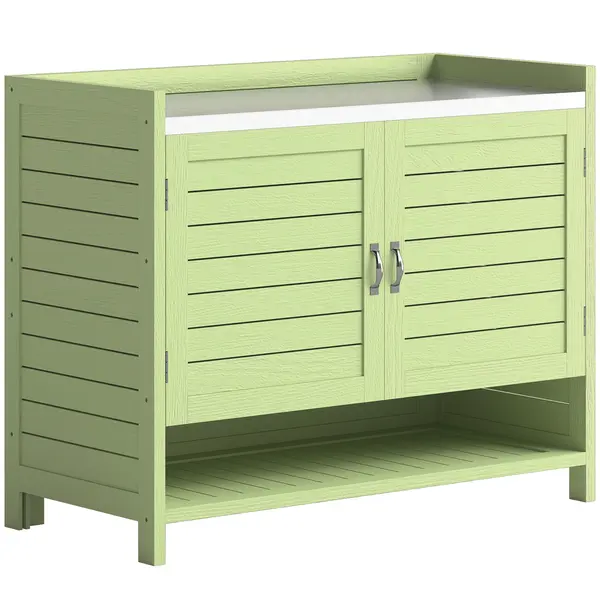 Outsunny Masă de plantat cu dulap inferior din lemn - dulap de grădină pentru exterior cu blat galvanizat, 3 rafturi, 88x40x70,5 cm, Verde | Aosom Romania