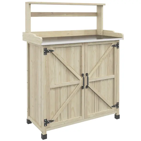 Outsunny Masă de transplant masă de grădinărit dulap și rafturi și blat tălpi antiderapante 90,5x41x124,5cm lemn natural | Aosom Romania
