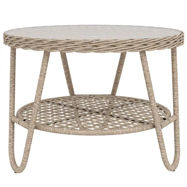 Outsunny Măsuță laterală din polyrattan, masă de cafea în 2 niveluri cu raft, blat din sticlă, picioare reglabile, 65 x 65 x 50 cm, galben | Aosom Romania