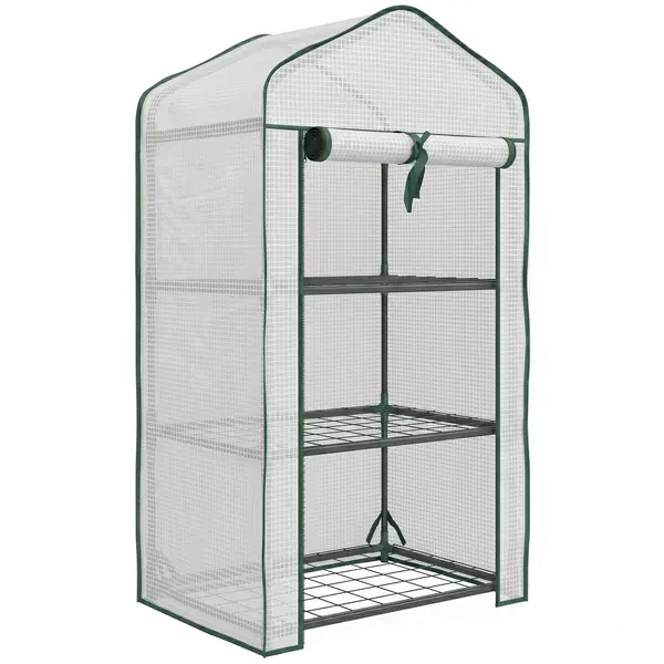 Outsunny Mini Seră pe 3 Nivele cu Acoperiș PE Întărit, Seră Portabilă cu Ușă Rulantă și Rafturi din Sârmă, 59x39x127 cm, Alb | Aosom Romania