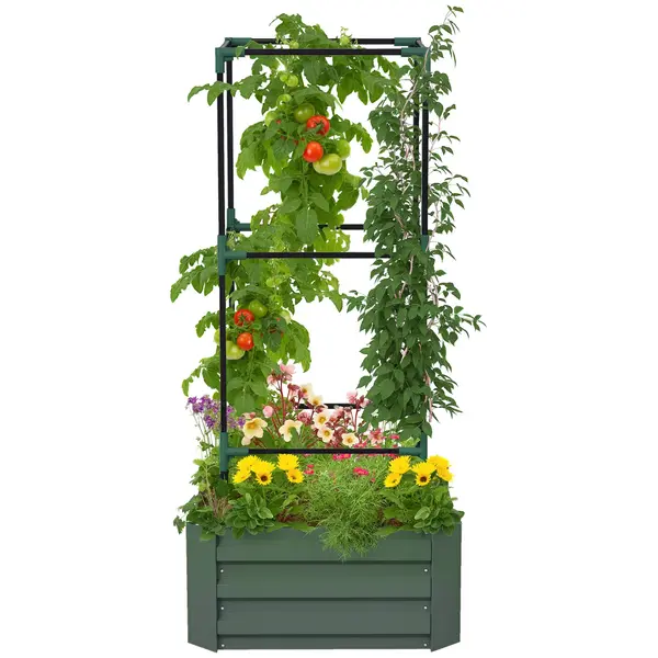 Outsunny Odlingslåda cu Klättergaller, Planteringslåda cu Fund Deschis, Rezistent la Intemperii, 61 cm x 61 cm x 140 cm, Verde | Aosom Romania