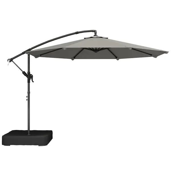 Outsunny Parasol cu braț lateral pentru grădină 300 cm cu bază în cruce, sac de nisip, parasol tip banană rotativ 360°, gri | Aosom Romania