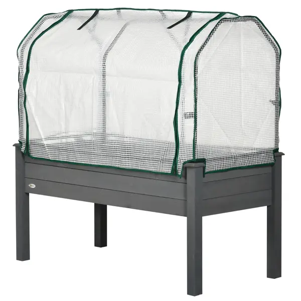Outsunny Pat de Grădină Înălțat cu Acoperiș din PE, Jardinieră din Lemn pentru Exterior cu 4 Orificii de Drenaj, pentru Flori și Legume, pentru Grădină, Balcon, 121x55x117 cm, Gri Închis | Aosom Romania