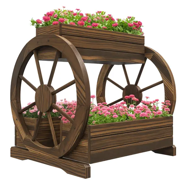 Outsunny Pat de Gradină Înălțat pe 2 Nivele, Jardiniere Căruță din Lemn Finisaj Carbonizat cu Orificii de Drenaj pentru Legume, Flori | Aosom Romania