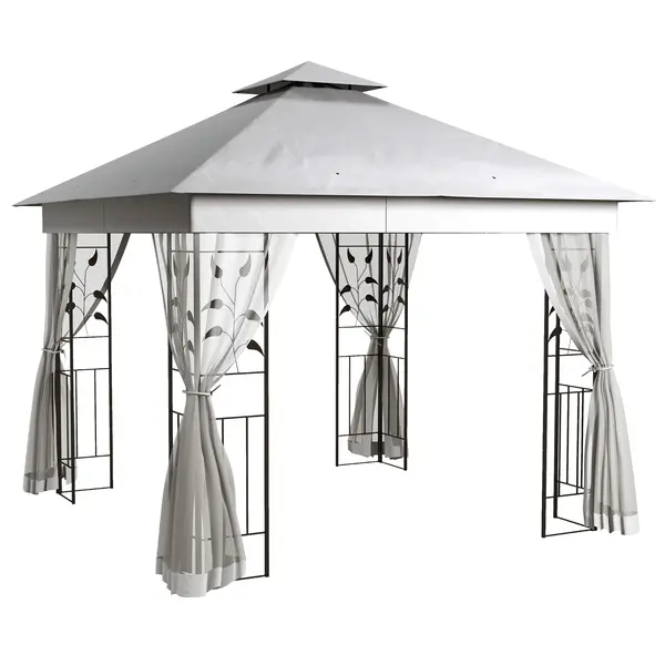 Outsunny Pavilion cu acoperiș dublu, 3x3 m, hidrofug, stabil, rezistent la iarnă, pavilion de grădină cu plasă de țânțari, Gri deschis | Aosom Romania